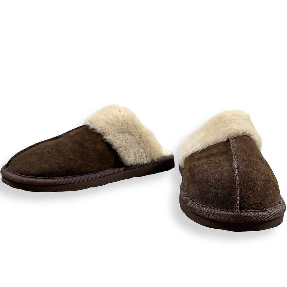 Minnetonka Womens Chesney Scuff Slipper Chocolate Brown Suede Faux Fur Lined 9M